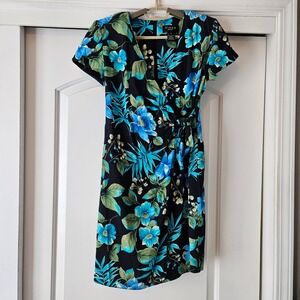 Virgo Petite Wrap Dress Womens 6 Black Blue Tropical Vacation‎ Resortwear Mini